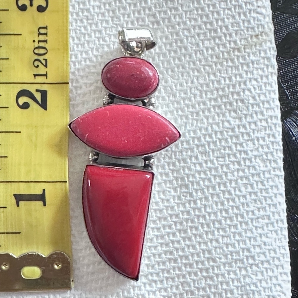 Artisan Handcrafted RED CORAL Three-Stone Silver Pendant 4330 - Picture 9 of 15